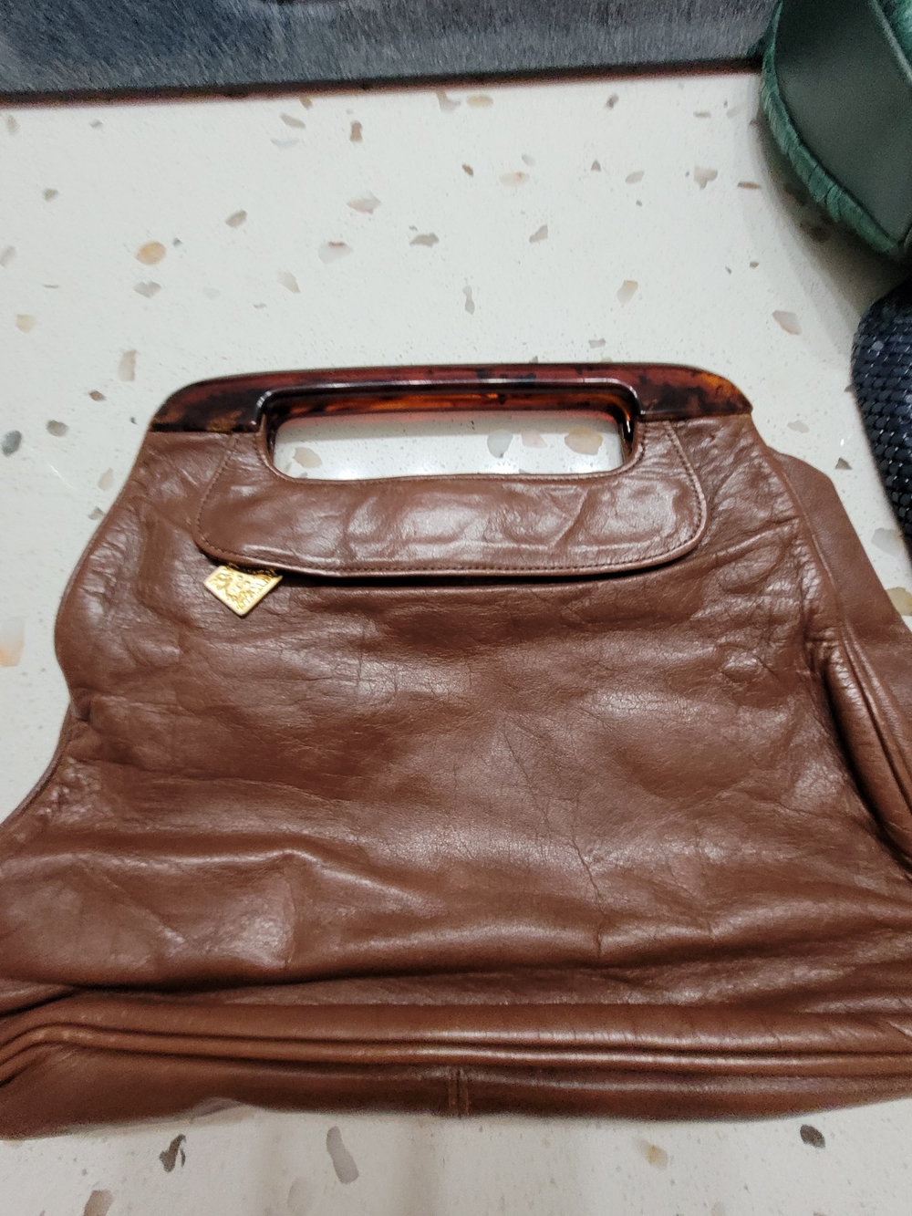 Vintage Anne Klein Brown Leather Clutch with Tortoise Handle